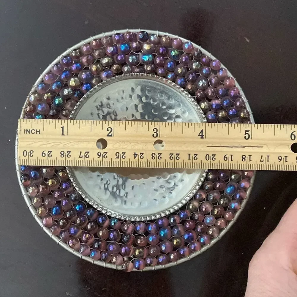 Vintage pier 1 hammered steel‎ and purple glass bead pillar candle holder